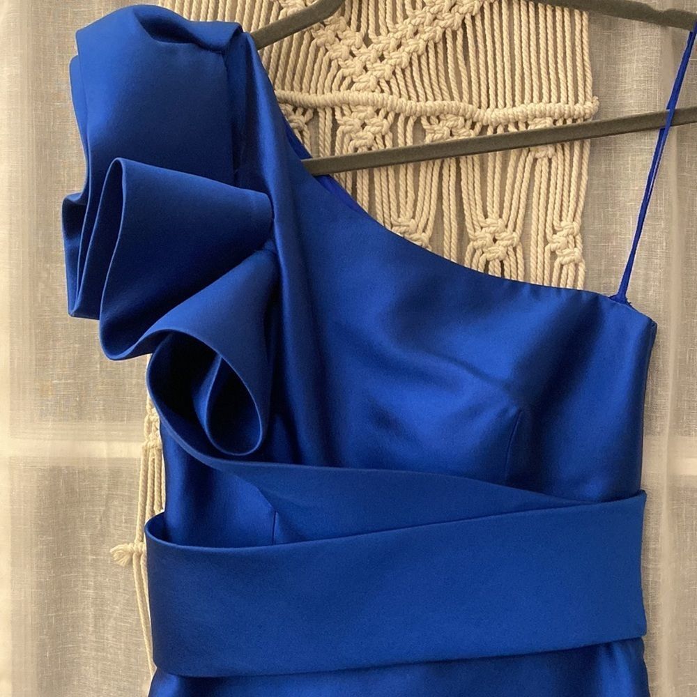 NWOT Marchesa Royal Blue Silk One shoulder Cocktail Mini Dress - Picture 5 of 11